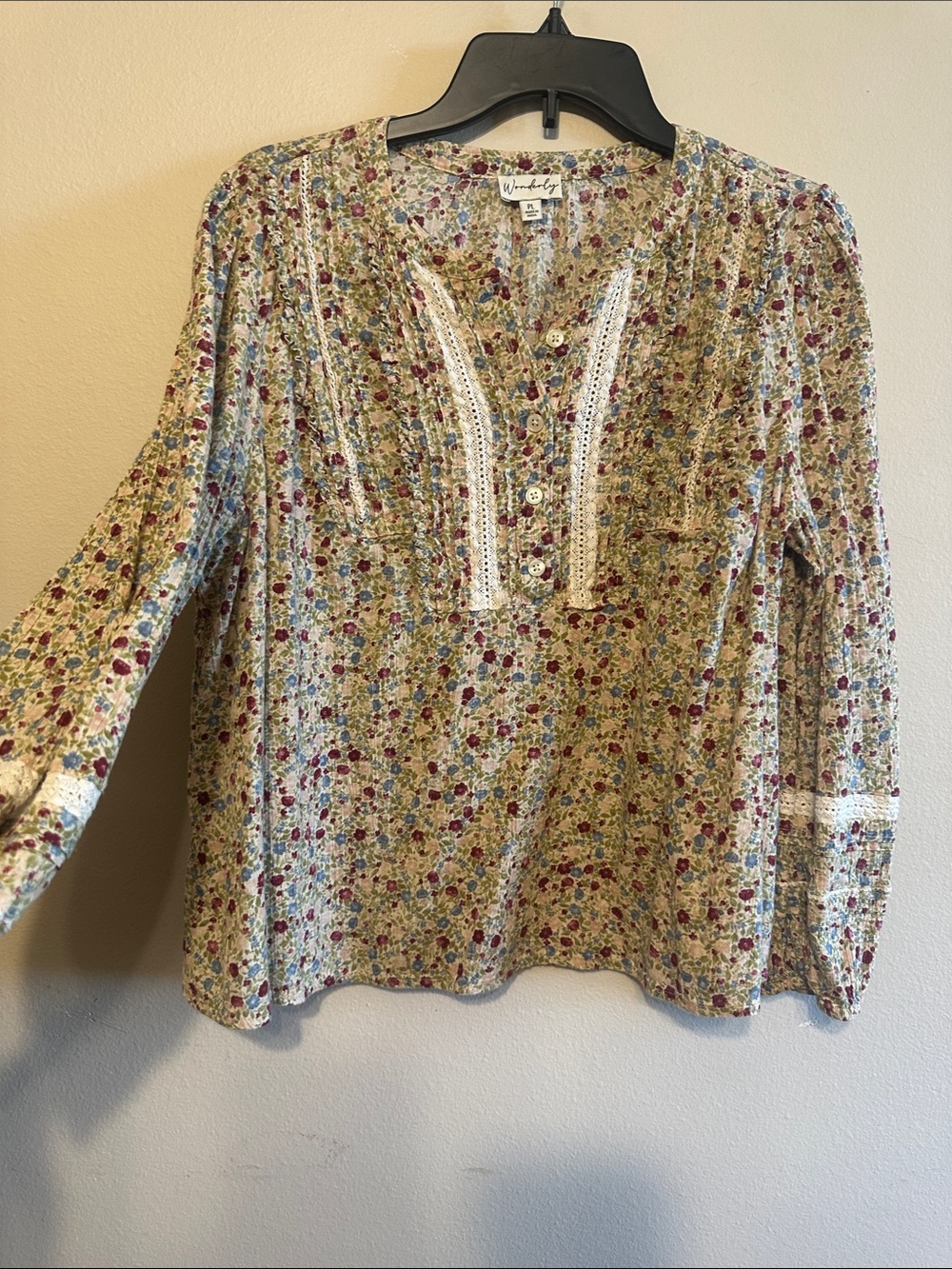 Wendy Bellissimo Olive Multi Floral Lace-Trim Peasant Blouse